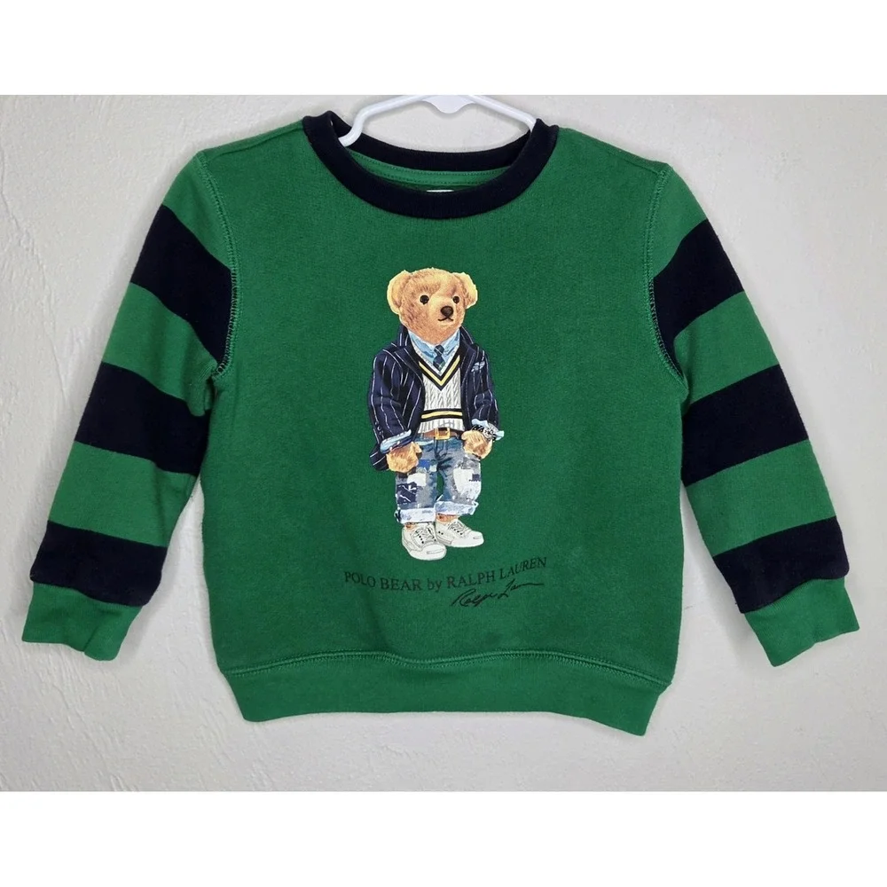 Polo Bear By Ralph Lauren Boys Green Navy Sweatshirt Size 24 Months Long Sleeves